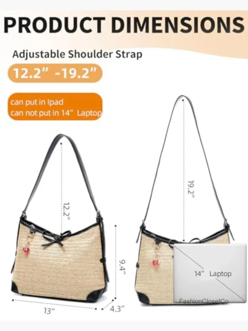 Straw Woven Hobo Crossbody Bag with Adjustable Strap, Summer Beach Tote